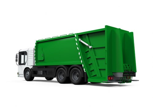 A large commercial rubbish collection truck parked on a paved surface, with a predominantly green metal waste container attached to its chassis. The container features a textured, industrial finish with visible horizontal reinforcing ridges and a slightly curved top edge. At the rear, the container has a large, closed panel with a hydraulic lift mechanism, including a white hydraulic arm extending from the side, used for tilting or unloading waste. The truck’s cab, visible on the left side of the image, is white with a black bumper, mirrors, and grille, and has a modern, streamlined appearance. The background is plain white, emphasizing the vehicle itself, with no surroundings visible. This detailed image showcases a professional rubbish removal vehicle, suitable for commercial waste collection services in Shepherds Bush or nearby areas, reflecting the type of fleet used by Business Waste Removal Shepherds Bush for efficient rubbish management and disposal services in the local community.
